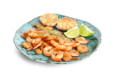 Plate with tasty shrimps on white background