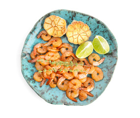 Plate with tasty shrimps on white background