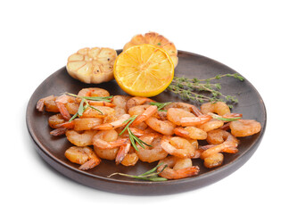 Plate with tasty shrimps on white background