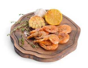 Wooden board with tasty shrimps on white background
