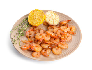 Plate with tasty shrimps on white background