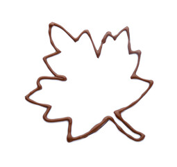 Leaf made of melted chocolate on white background