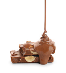 Sweet chocolate with nuts on white background