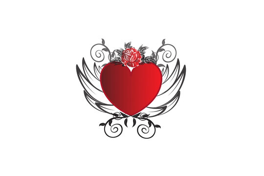 Love heart with wings and rose flower vintage decoration swirly leaves icon logo vector image design template