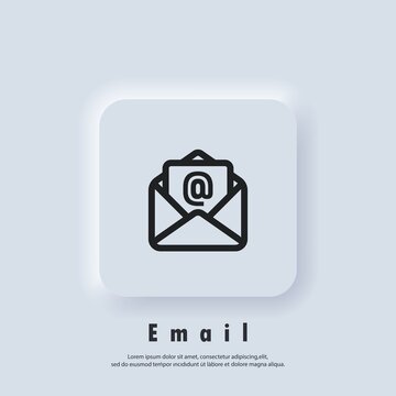 Email Icon. Open envelope. Newsletter logo. Email and messaging icons. Email marketing campaign. Vector EPS 10. UI icon. Neumorphic UI UX white user interface web button. Neumorphism