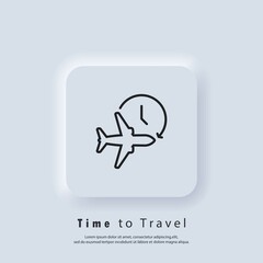 Time to travel logo. Flight time icon. Travel icon. Travel plane symbol, logo. Timer and airplane icon. Vector EPS 10. UI icon. Neumorphic UI UX white user interface web button. Neumorphism