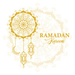 Ramadan Kareem concept banner with Islamic lanterns and golden crescent moon. Vector illustration template