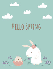 Spring background with cute bunny and chick. Hand drawn bunny, chick, flowers, and clouds. For greeting card, poster, flyer, web banner, wallpaper, etc.