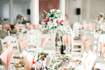 Interior of a restaurant prepared for wedding ceremony