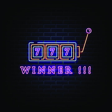 Neon slot machine coins wins the jackpot. 777 Big win casino concept