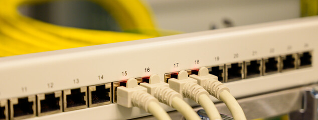 Netzwerkswitch mit RJ45 Netzwerkkabel in einem Rechenzentrum