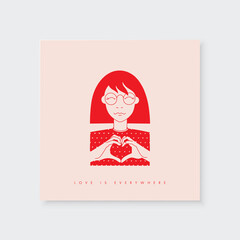 Love card print with girl and hand heart shape