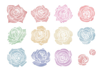 【手描きベクターイラスト素材】ステンシル風薔薇のイラストセット