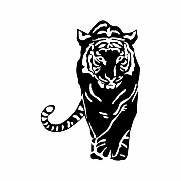 Vector illustration silhouette of a walking tiger isolated on a white background. Big wild cat logo, icon, tattoo.