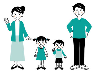 シンプルな4人家族の全身イラスト/白背景