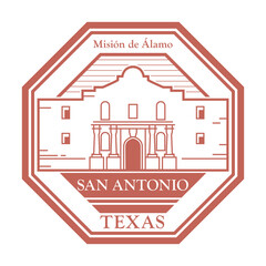 Stamp or label with name of Alamo Mission, San Antonio, Texas - 412800552