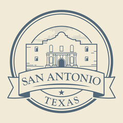 Stamp or label with Alamo Mission in San Antonio, Texas - obrazy, fototapety, plakaty