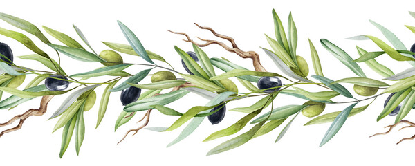 Fototapety  Gałąź oliwna bezszwowe granica z owoców i liści akwarela element. Zielona i czarna surowa organiczna oliwka naturalna dekoracja. Eleganckie obramowanie gałęzi z zielonymi liśćmi, owoce na białym tle.