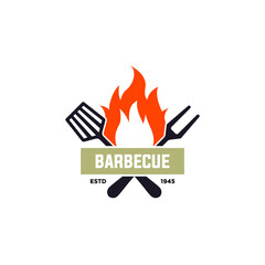 Barbecue and grill label. BBQ emblem and badge design. Restaurant menu logo template. Vector illustration. 