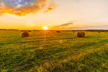 Scenic view at beautiful sunset in a green shiny field with hay stacks, cloudy sky, golden sun...