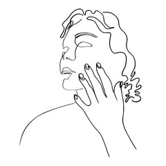 Abstract portrait of young woman with hand near face. Drawn with one line. Minimalistic contour silhouette. Vector illustration isolated on white background.