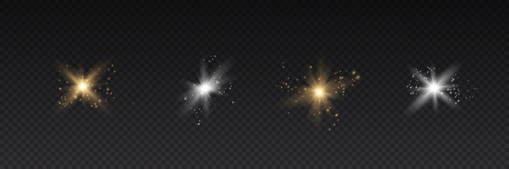 Obraz premium Set of bright Star. Yellow glowing light explodes on a transparent background. Transparent shining sun, bright flash