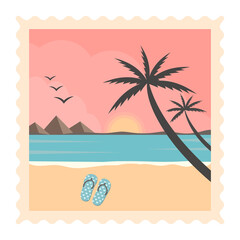 Beach coastline and sunset - vector tropical palm trees with colorful landscape background