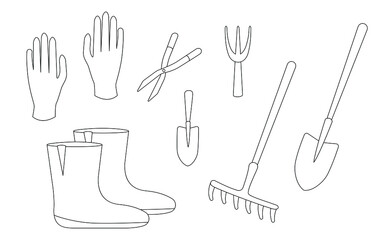 A wide range of garden and vegetable garden accessories for soil cultivation and plant care. As well as work clothes: gloves and boots. Simple linear illustration. 