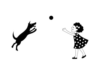 Girl and dog play ball. Vector black and white illustration.