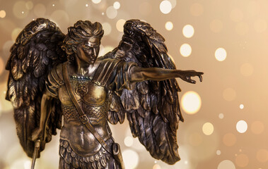 The figure of the Archangel Michael on an abstract background. - obrazy, fototapety, plakaty