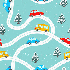 Fototapeta na wymiar Seamless pattern with cute cars, christmas tree on blue winter background. Cartoot transport. Vector illustration. Doodle style. Design for baby print, invitation, poster, card, fabric, textile