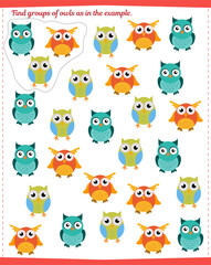  A game for children. Find all groups of owls and circle them as shown in the sample.