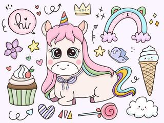 Cute baby unicorn character set cartoon drawing illustration cartoon for kids collection set
