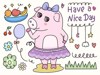 Cute pink pig character set cartoon drawing illustration cartoon for kids collection set