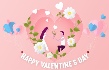 lovely young joyful couple hug on abstract pink background with balloons heart and bicycle,mini heart design for valentine's day festival .Vector illustration.paper craft style.