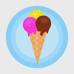 Ice cream, ice cream in waffle cone, 3 scoops of ice cream, assorted ice cream, ice cream vector illustration