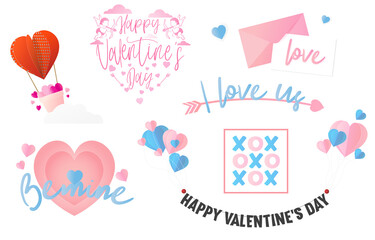Happy Valentines Day Lettering Card. Typographic Background With Ornaments, Hearts,  Arrow, XO ,Paper cut