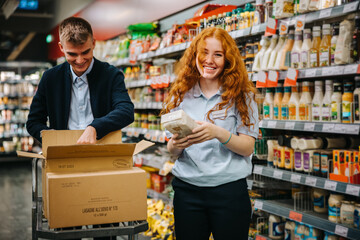 Supermarket store assistants restocking the shelves