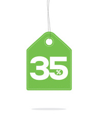 Vector green hanging price tag label designed with 35% text and stitches on it and with shadow isolated on white background. For spring summer sale campaign.