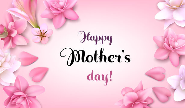 Inscription “Happy Mother’s day!” on light pink background with flowers.