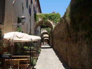 Typical medieval street of Castiglione della Pescaia, squeezed between the walkway of the walls and...