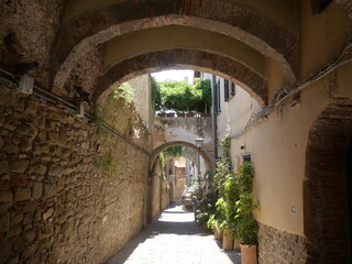 Fototapeta na wymiar Typical medieval street of Castiglione della Pescaia, squeezed between the walkway of the walls and the houses covered with vegetation and topped with stone arches.