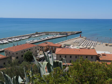 Panorama on the coast lapped by the Tyrrhenian Sea and of the wetland of the Maremma from the balcony of Solti Square in Castiglione della Pescaia.