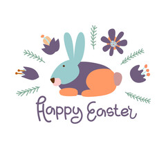 Vector illustration on the theme of Easter in pastel colors. Rabbit in flowers with the inscription Happy Easter. Poster, postcard, congratulations.