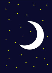 Waxing crescent moon surrounded by bright small stars. Childish style. Childern's book