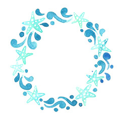 Blue starfish and splash ocean wave wreath watercolor hand painting for decoration on summer holiday and coastal life theme concept.