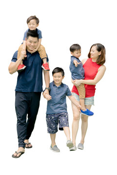 Full Length Of Happy Family Walking Against White Background