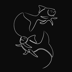 Small fishes isolated on black background. Line art