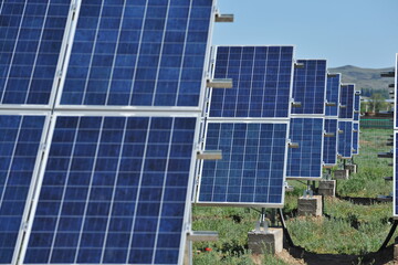 Zhambyl region, Kazakhstan - 05.15.2013 : Solar panels are displayed in a row throughout the station.