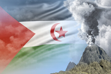 stratovolcano blast eruption at day time with white smoke on Western Sahara flag background, problems of disaster and volcanic earthquake concept - 3D illustration of nature